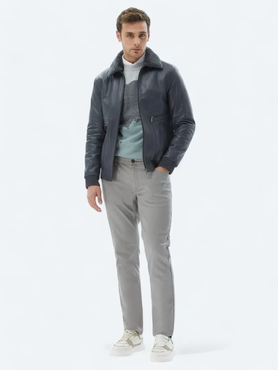 Gri Smart Casual Koyun Derisi Deri Mont - 2