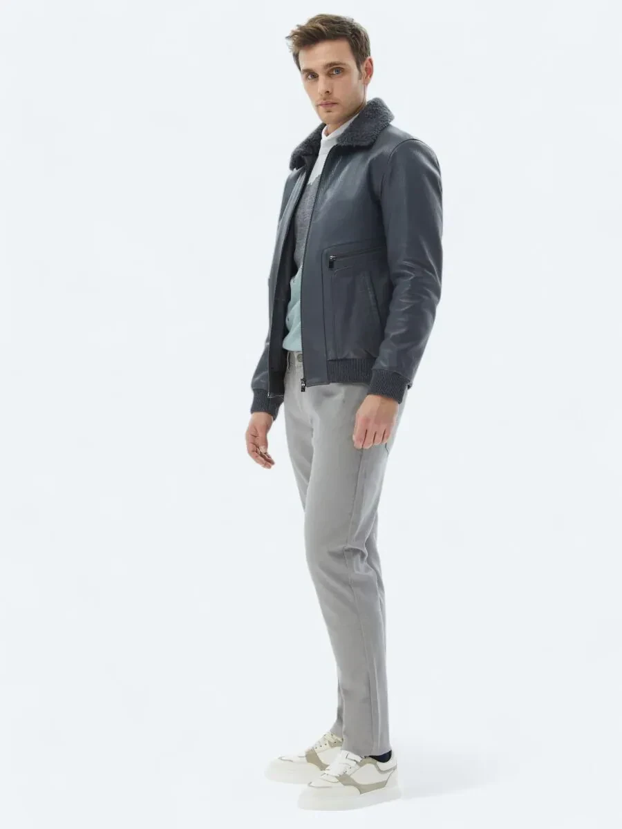Gri Smart Casual Koyun Derisi Deri Mont - 3