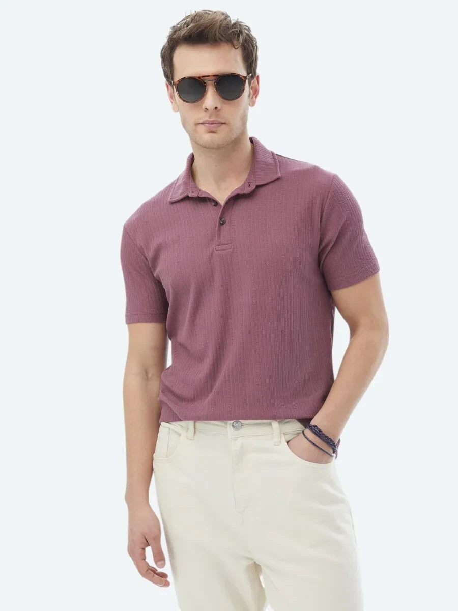 Gül Kurusu Jakarlı Polo Yaka Pamuk Karışımlı T-Shirt - 1