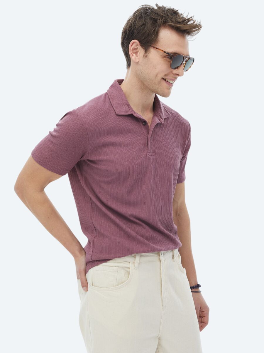 Gül Kurusu Jakarlı Polo Yaka Pamuk Karışımlı T-Shirt - 3