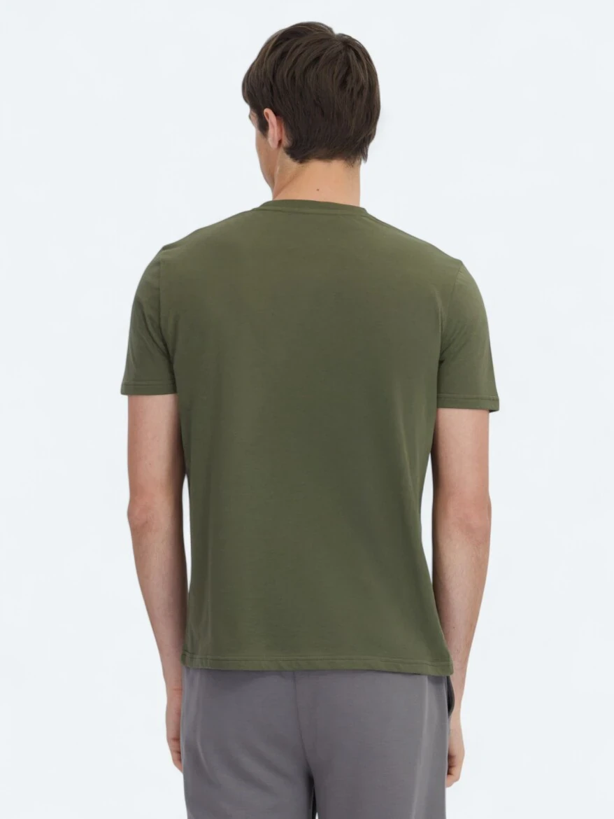 Haki Baskılı Bisiklet Yaka %100 Pamuk T-Shirt 