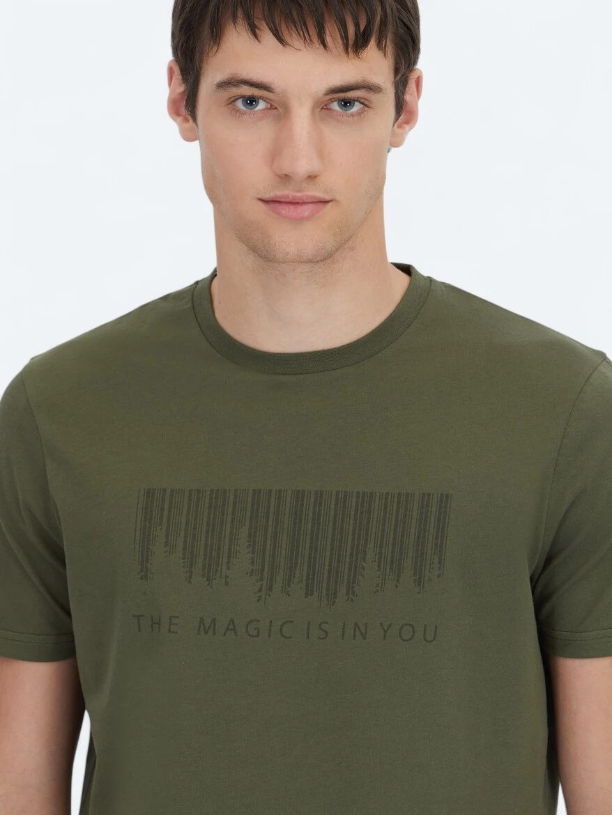 Haki Baskılı Bisiklet Yaka %100 Pamuk T-Shirt - 3