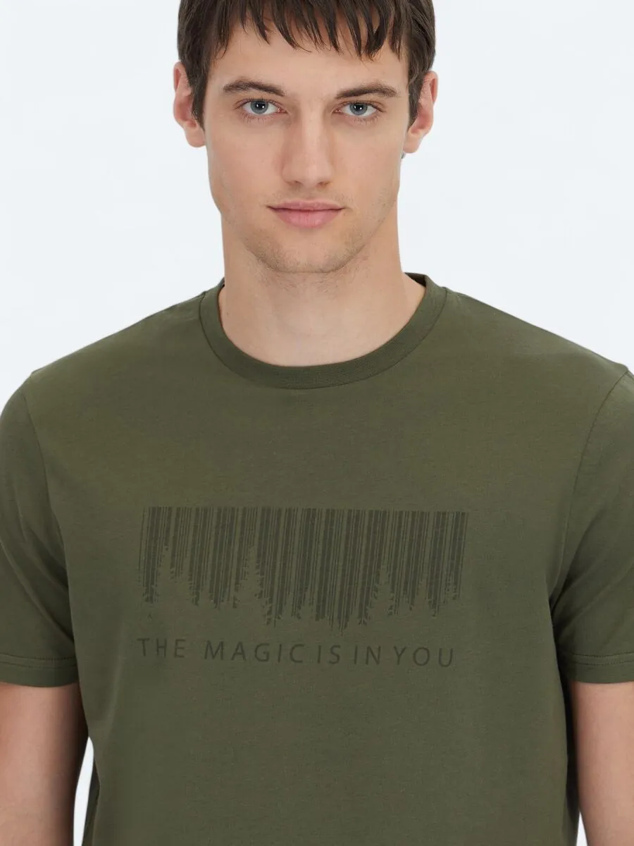 Haki Baskılı Bisiklet Yaka %100 Pamuk T-Shirt - 3