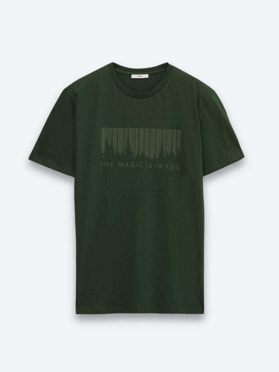 Haki Baskılı Bisiklet Yaka %100 Pamuk T-Shirt - 5