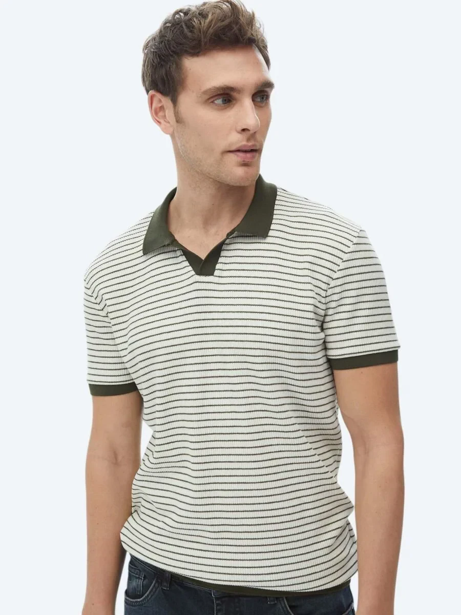 Haki Baskılı Polo Yaka Pamuk Karışımlı T-Shirt - 1