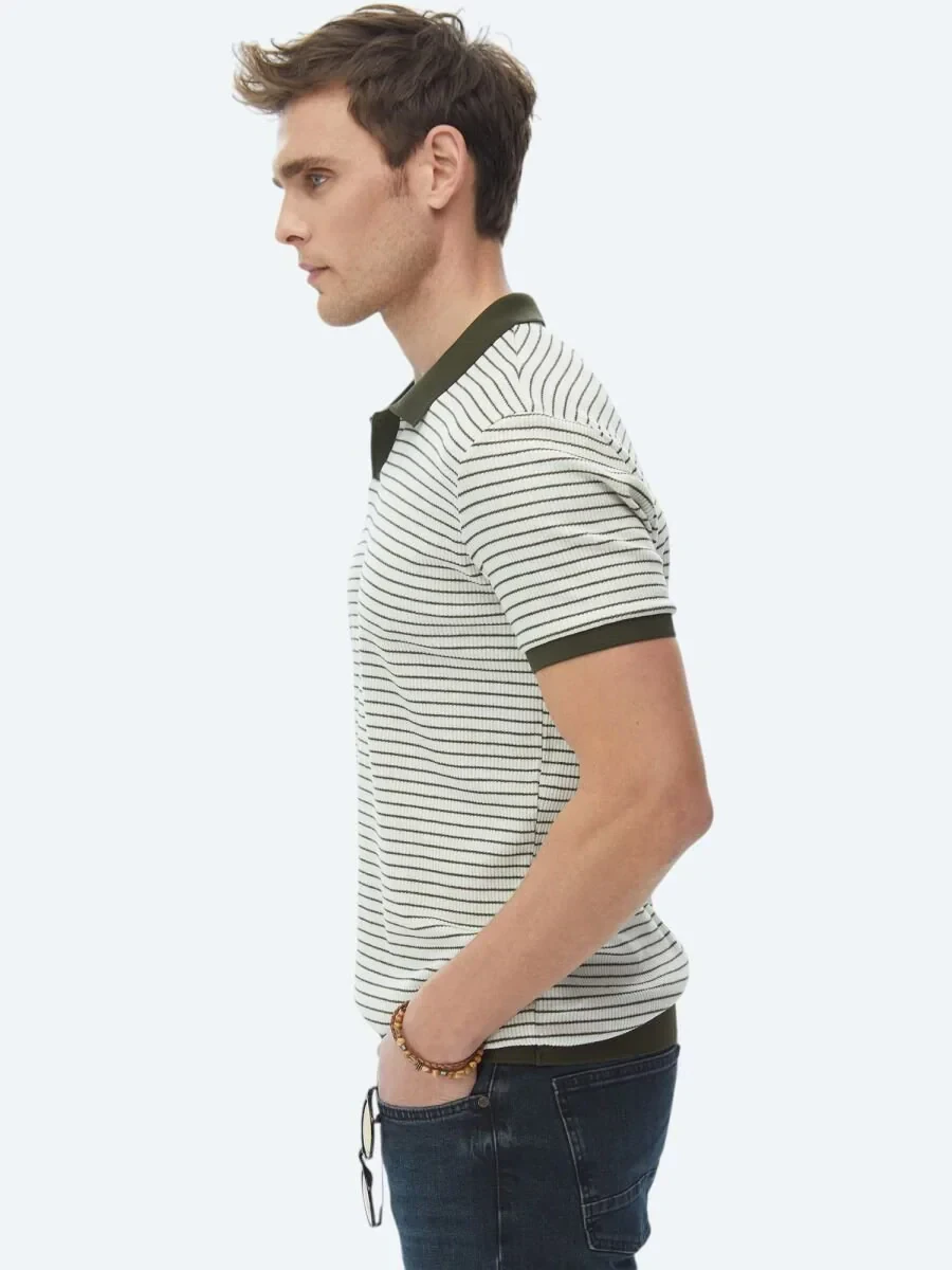 Haki Baskılı Polo Yaka Pamuk Karışımlı T-Shirt - 4