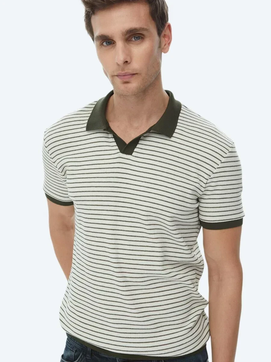 Haki Baskılı Polo Yaka Pamuk Karışımlı T-Shirt - 8