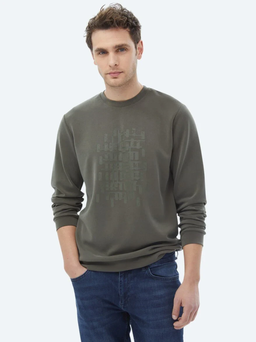 Haki Bisiklet Yaka Baskılı Sweatshırt - 1