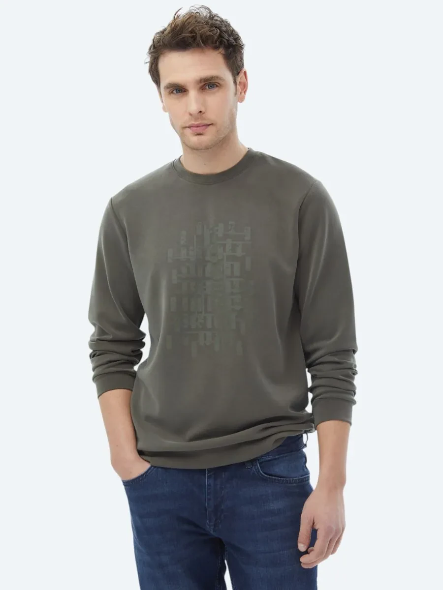 Haki Bisiklet Yaka Baskılı Sweatshırt - 1
