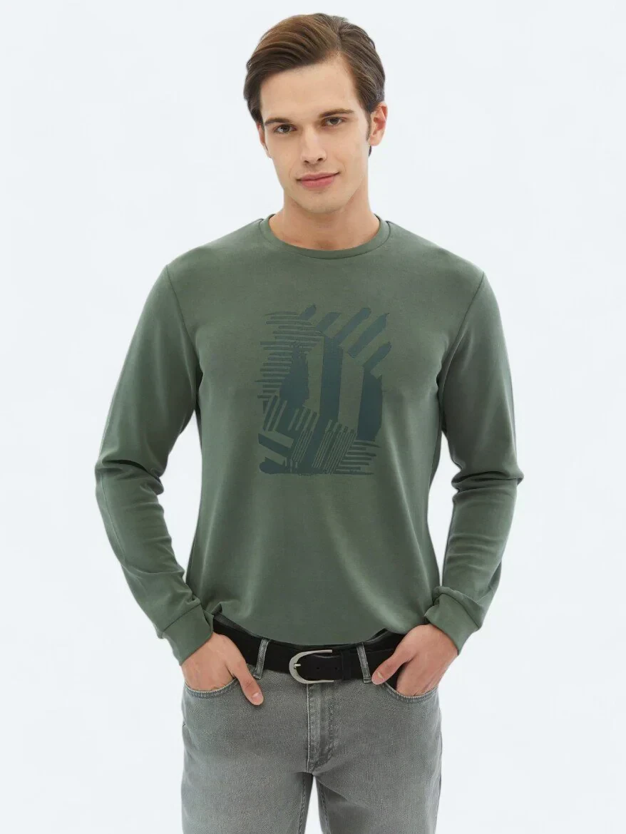 Haki Bisiklet Yaka Baskılı Sweatshırt - 3