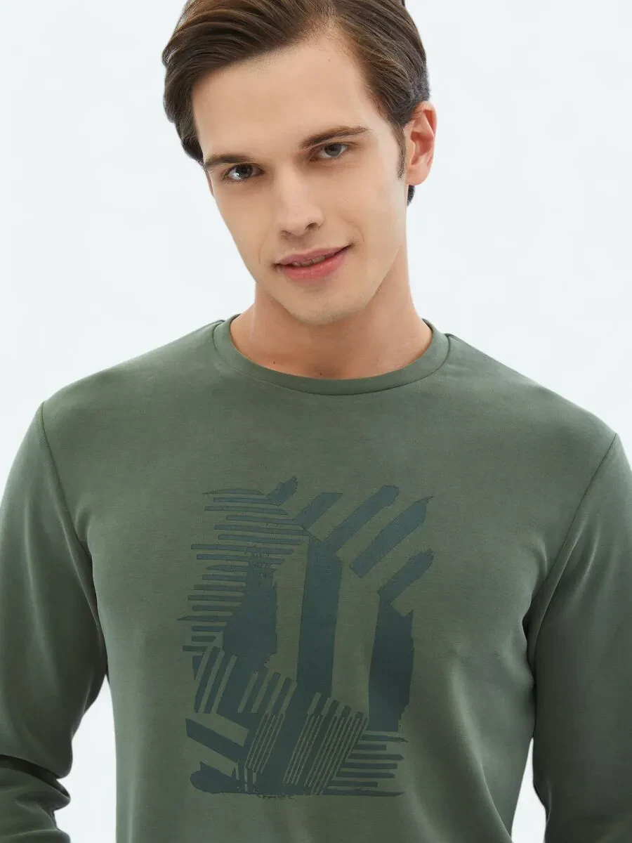 Haki Bisiklet Yaka Baskılı Sweatshırt - 4