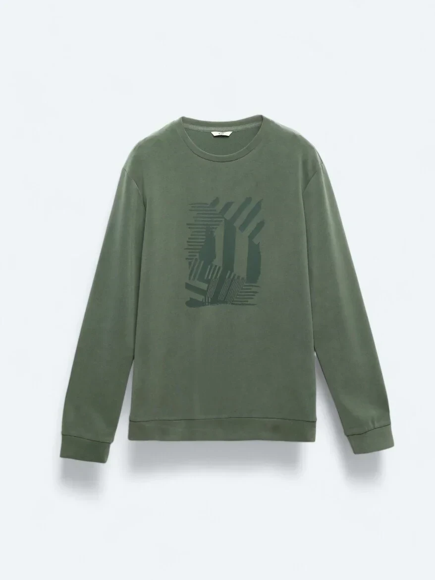 Haki Bisiklet Yaka Baskılı Sweatshırt - 6