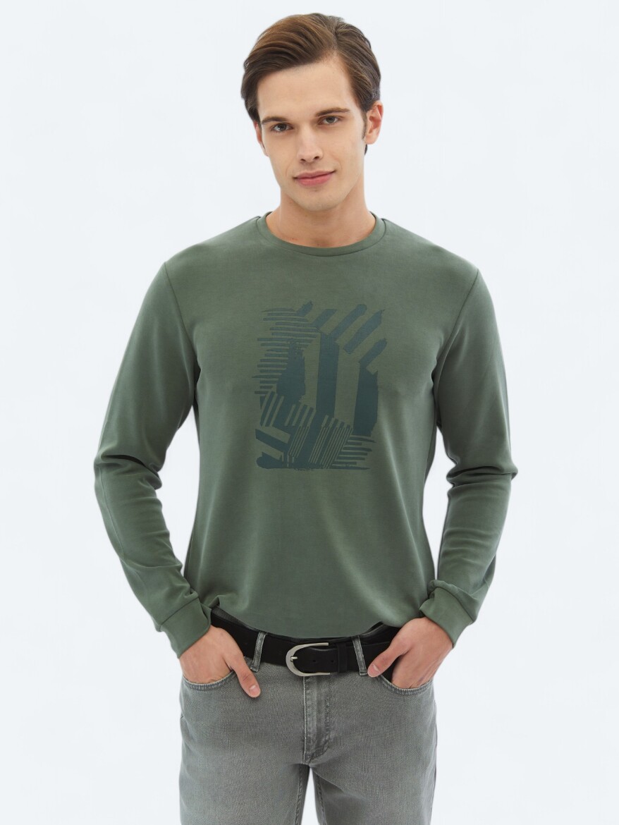 Haki Bisiklet Yaka Baskılı Sweatshırt - 3