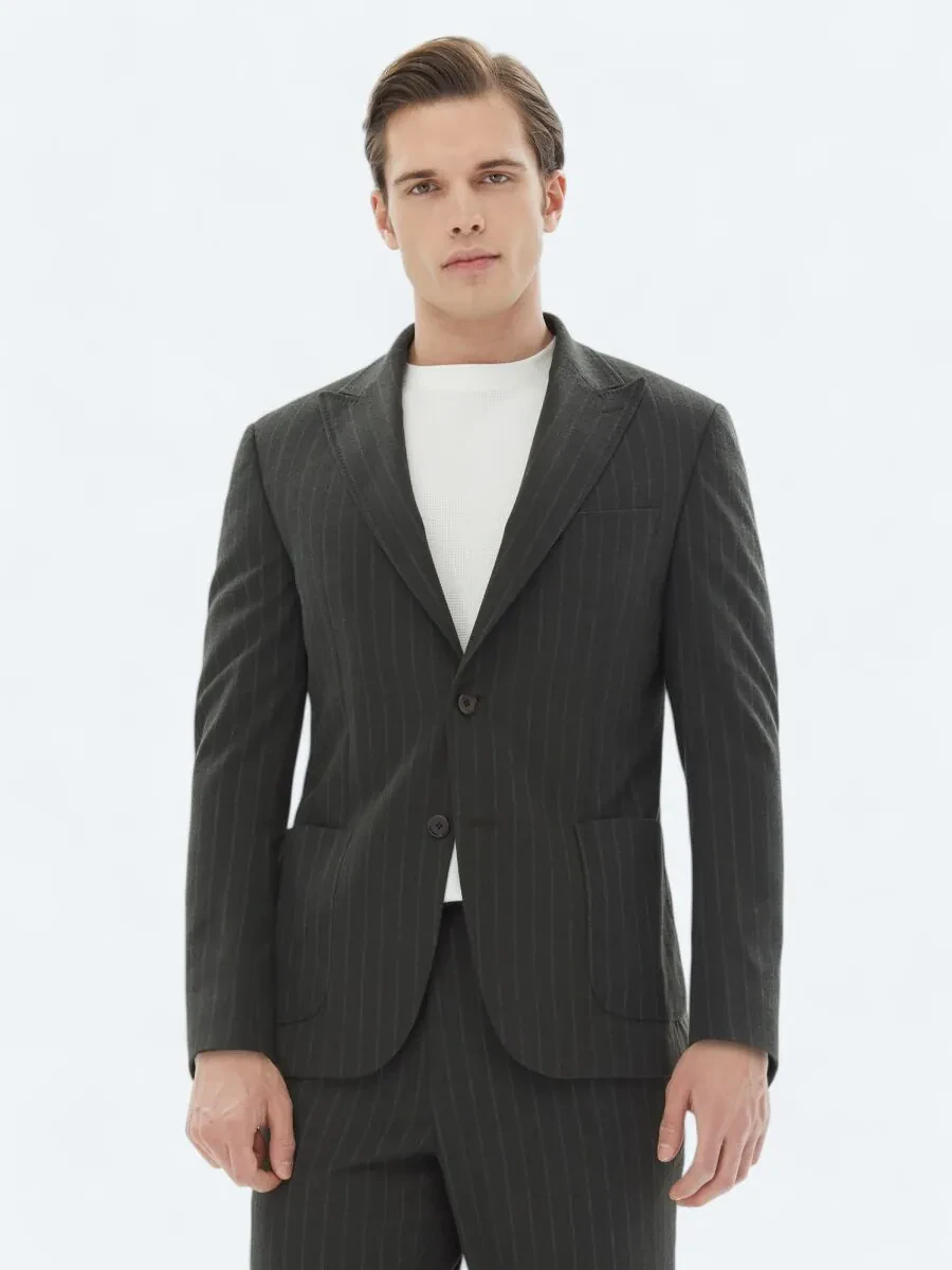 Haki Çizgili Modern Fit Takım Elbise - 1