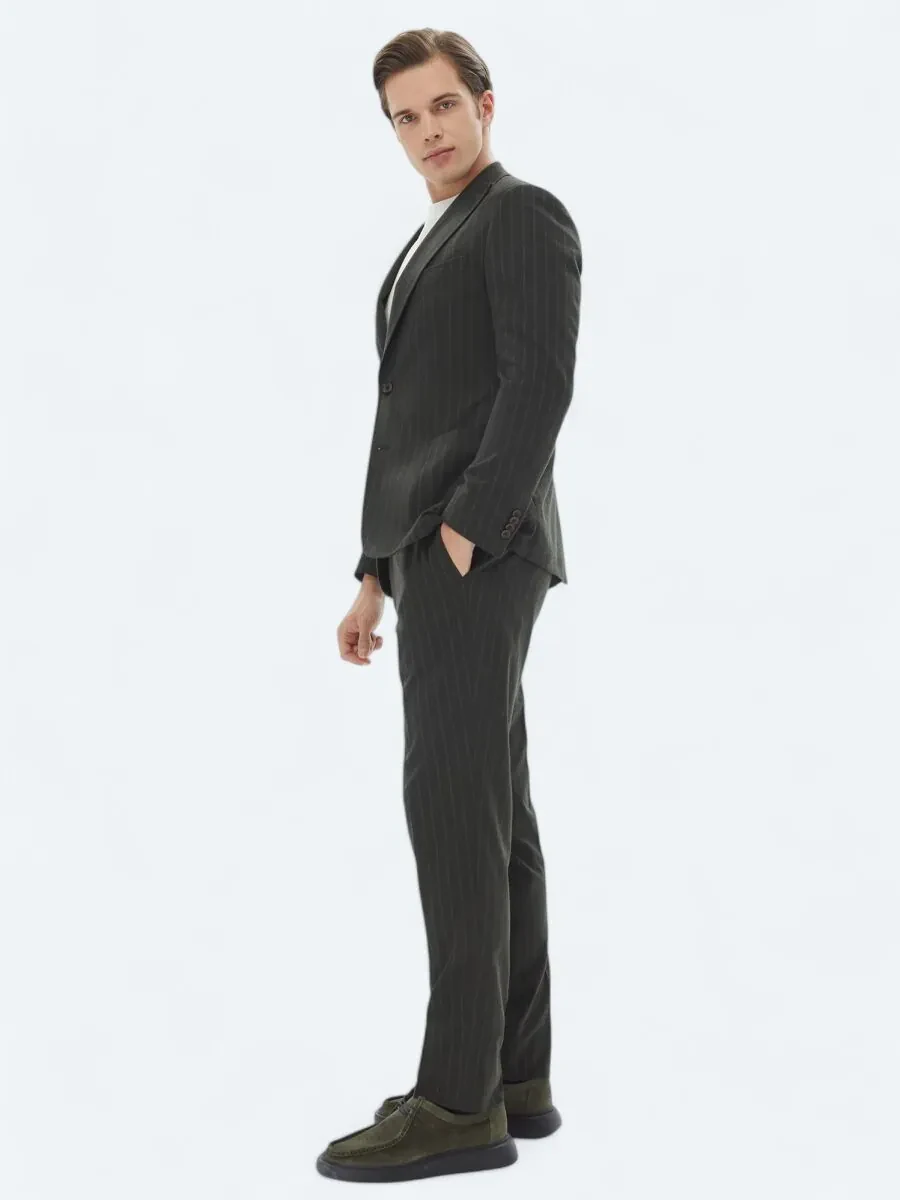 Haki Çizgili Modern Fit Takım Elbise - 4
