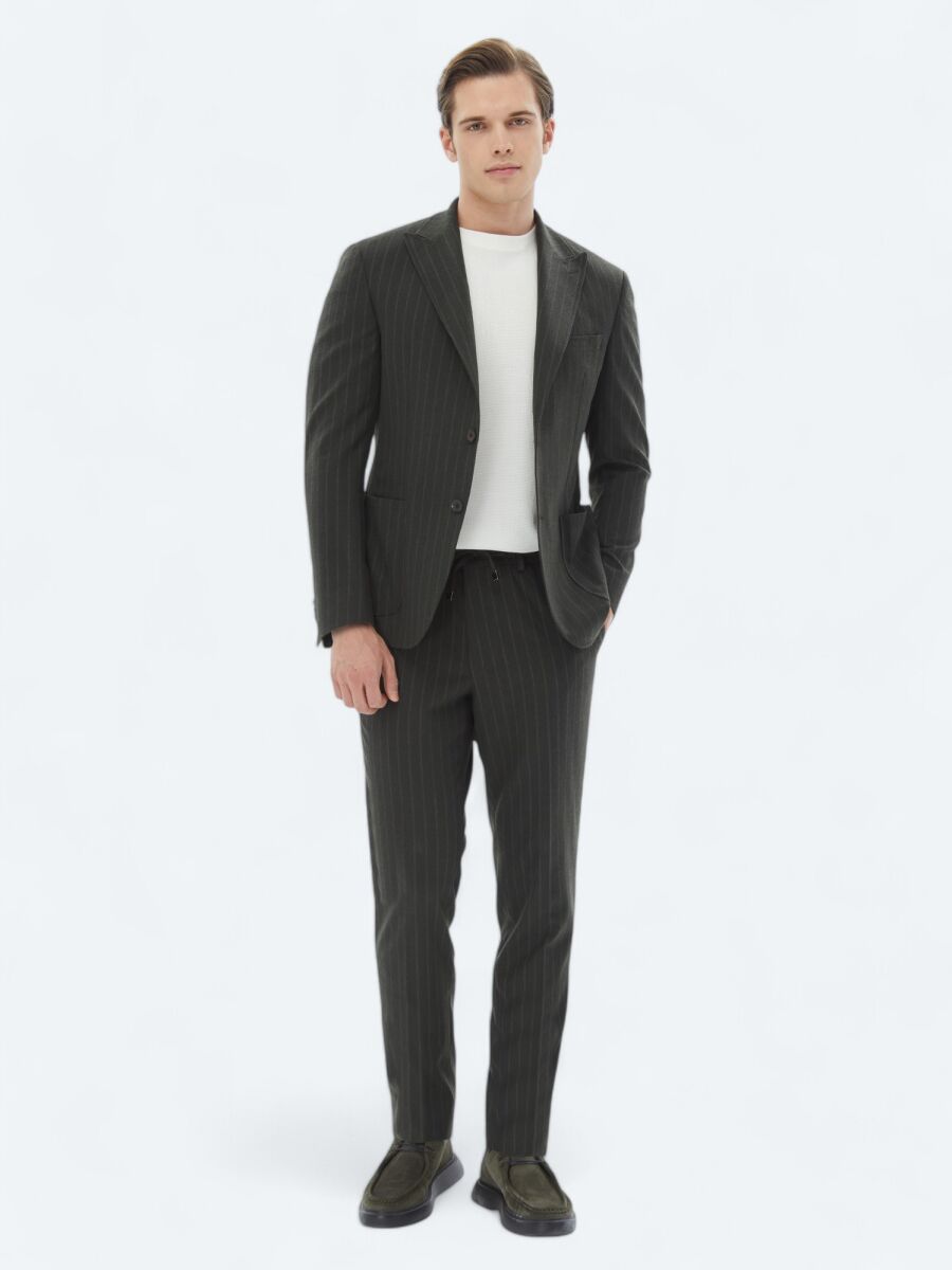 Haki Çizgili Modern Fit Takım Elbise - 2