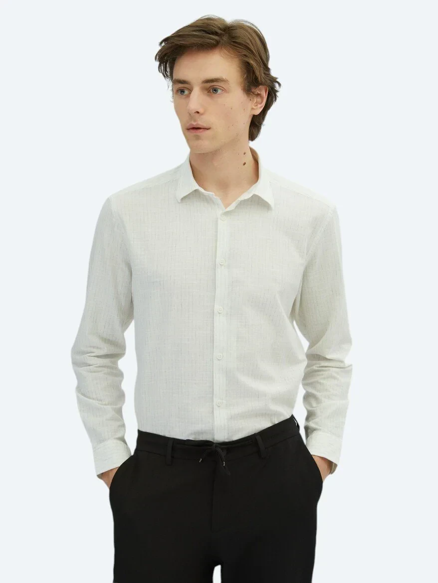 Haki Çizgili Regular Fit Dokuma Casual %100 Pamuk Gömlek - 1