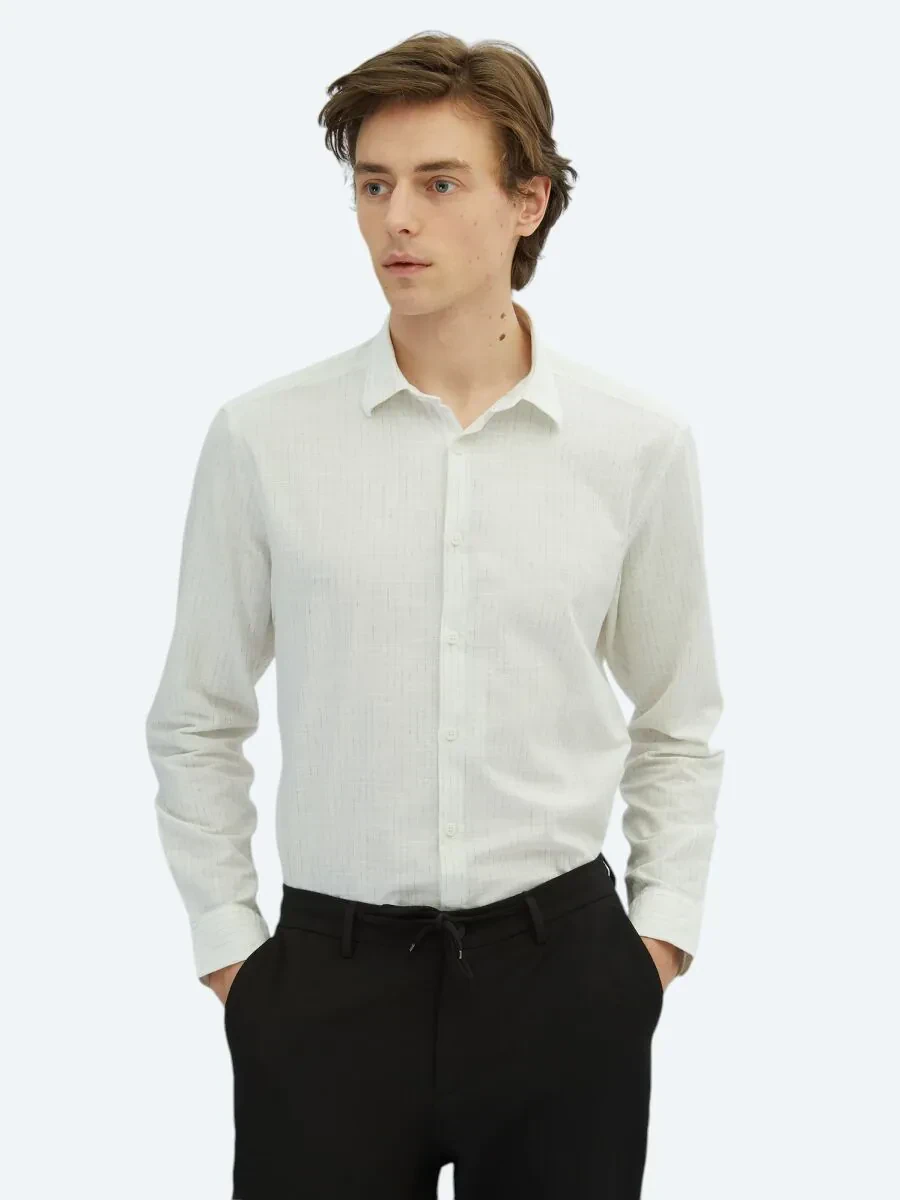 Haki Çizgili Regular Fit Dokuma Casual %100 Pamuk Gömlek - 1