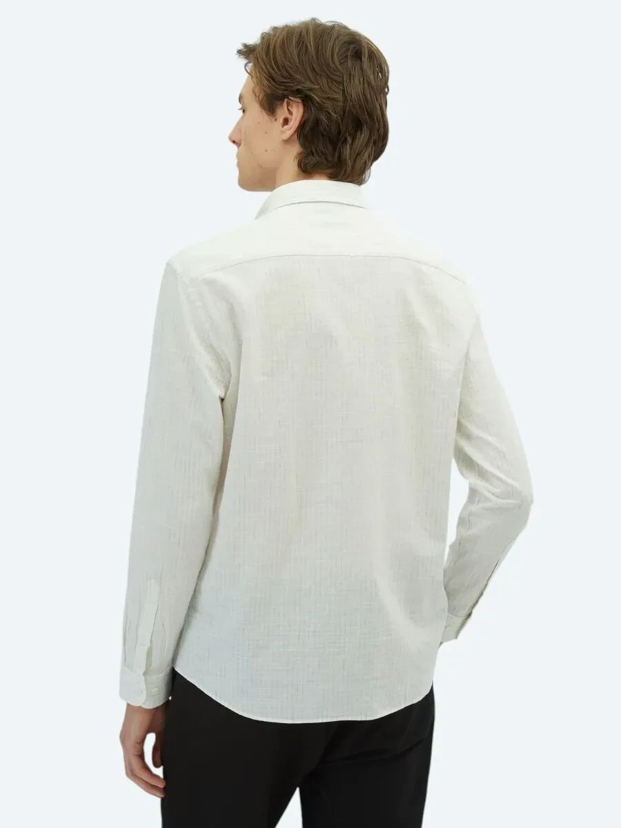 Haki Çizgili Regular Fit Dokuma Casual %100 Pamuk Gömlek - 4