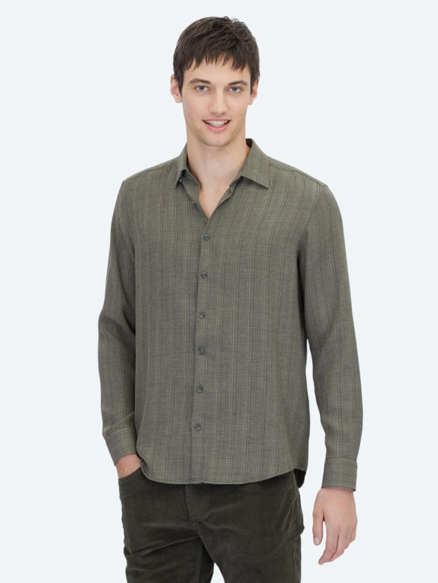 Haki Çizgili Regular Fit Dokuma Casual Gömlek - KİP