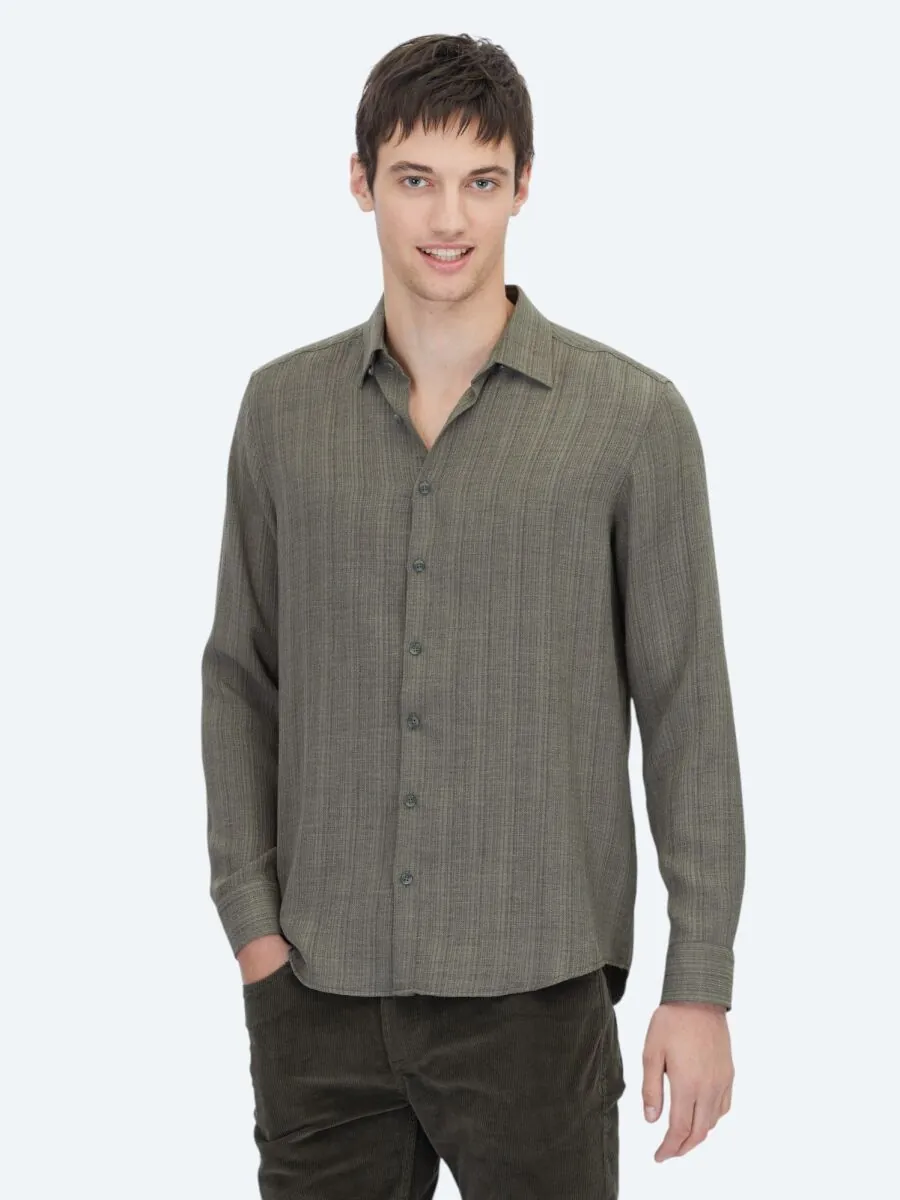 Haki Çizgili Regular Fit Dokuma Casual Gömlek - 1