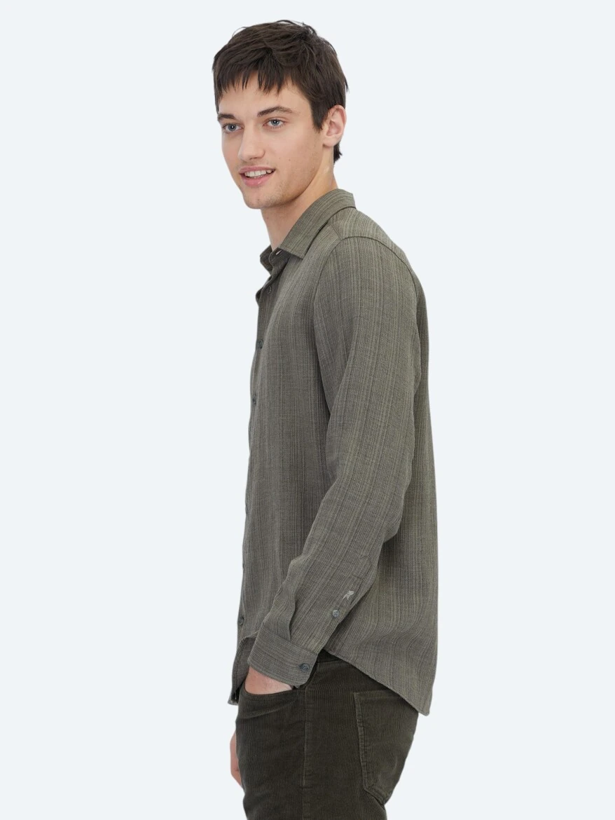 Haki Çizgili Regular Fit Dokuma Casual Gömlek - 3