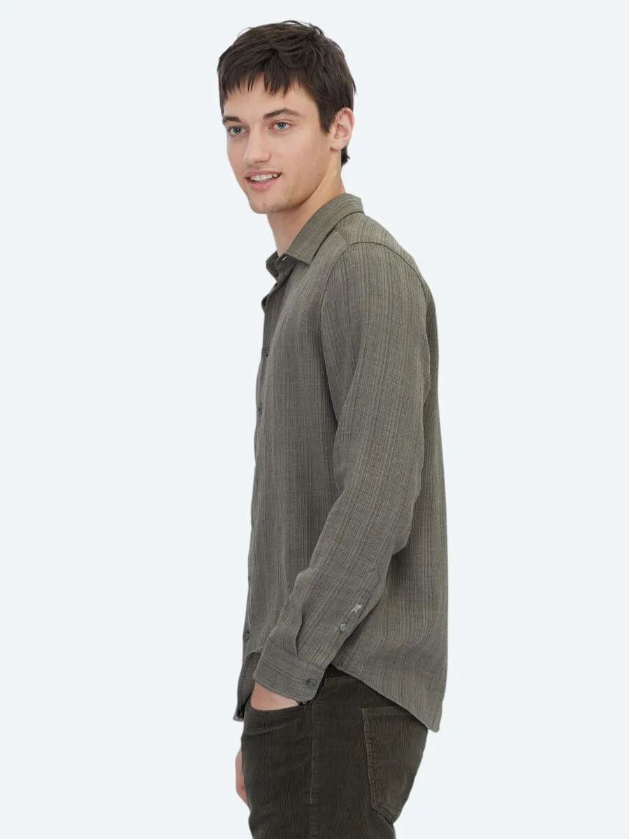 Haki Çizgili Regular Fit Dokuma Casual Gömlek - 3