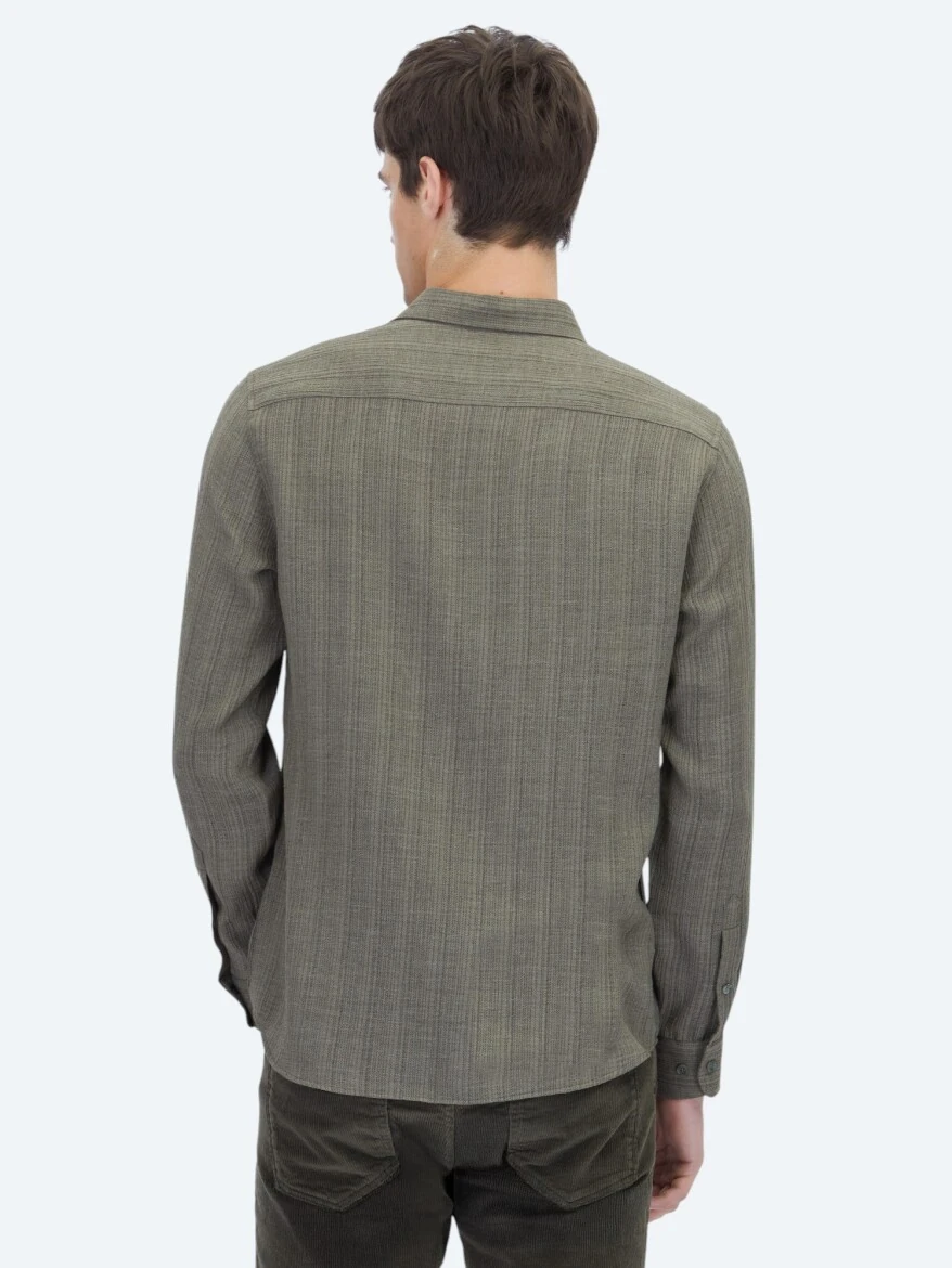 Haki Çizgili Regular Fit Dokuma Casual Gömlek - 6
