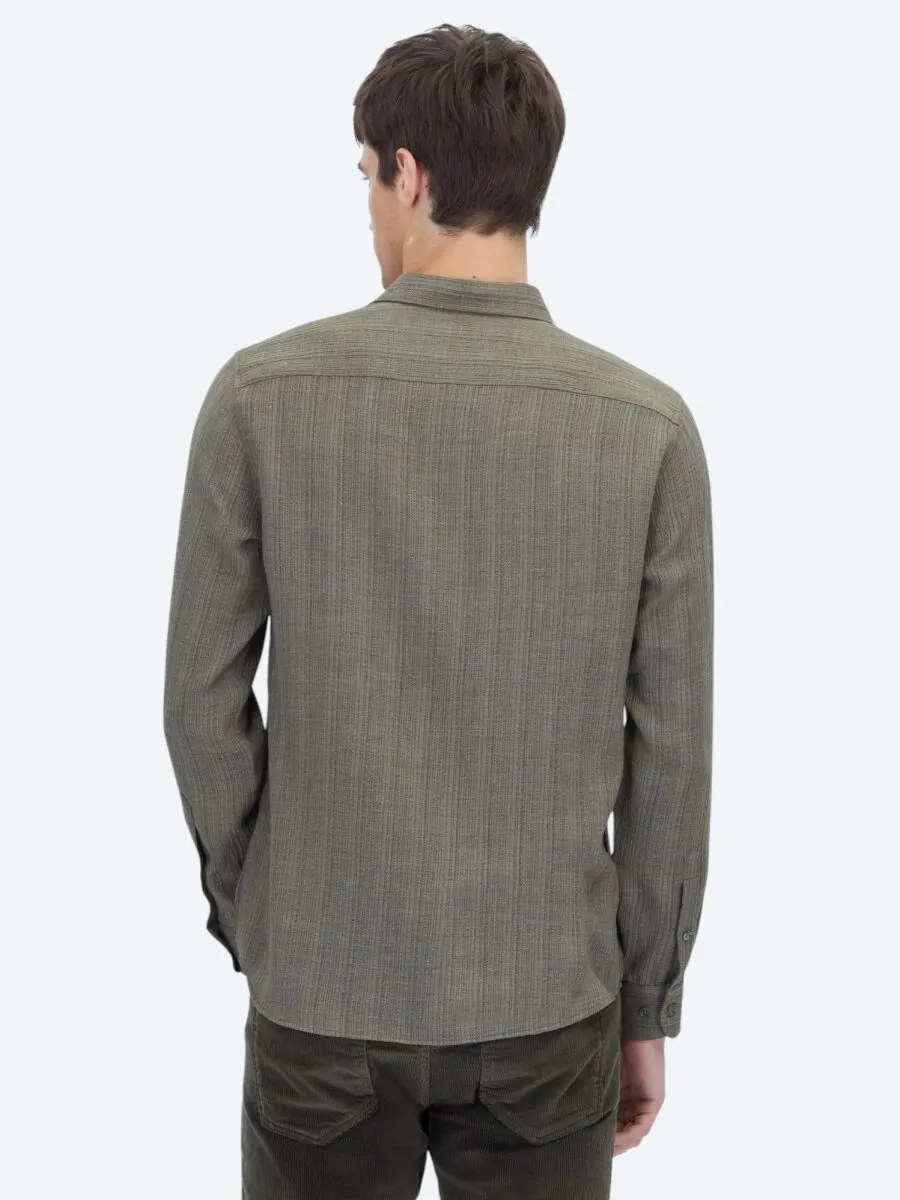 Haki Çizgili Regular Fit Dokuma Casual Gömlek - 6