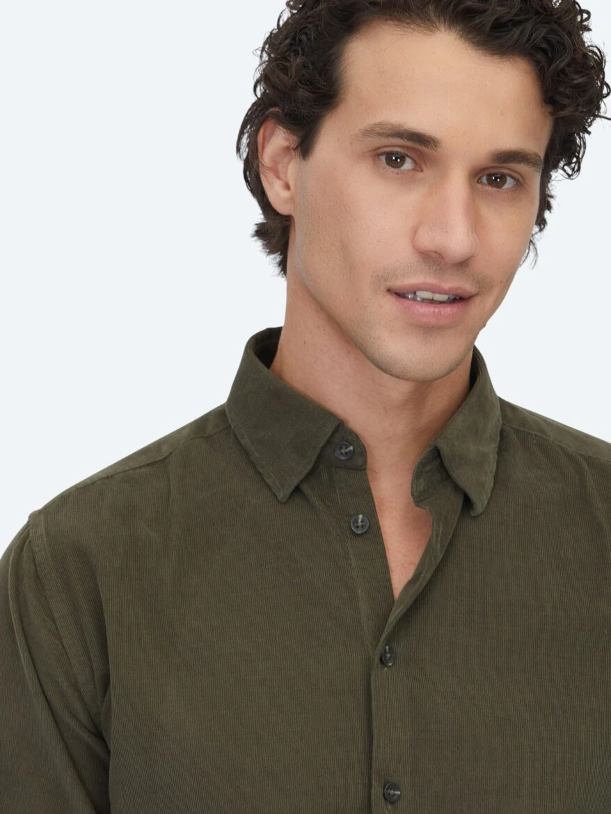 Haki Çizgili Regular Fit Dokuma Kadife Casual %100 Pamuk Gömlek - 3