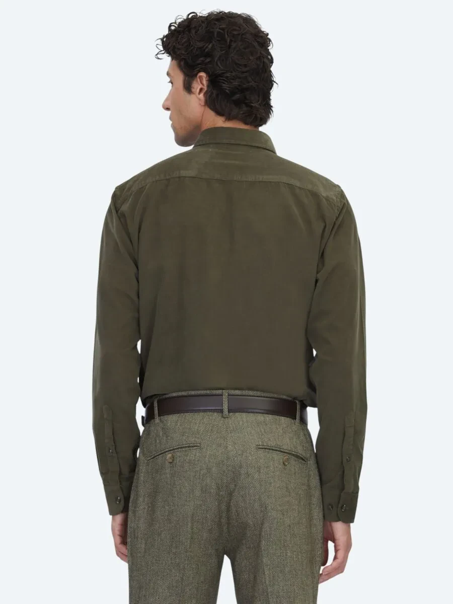 Haki Çizgili Regular Fit Dokuma Kadife Casual %100 Pamuk Gömlek - 5