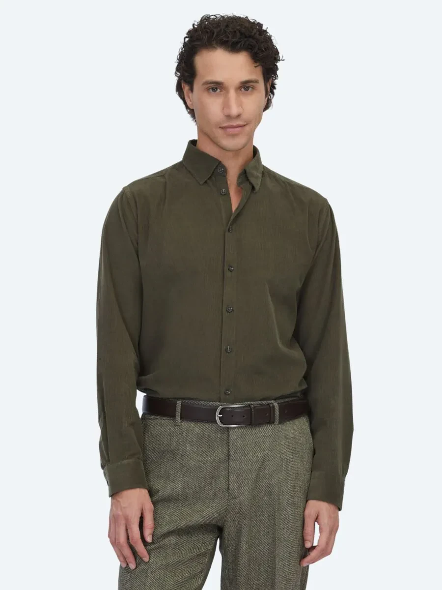 Haki Çizgili Regular Fit Dokuma Kadife Casual %100 Pamuk Gömlek - 1