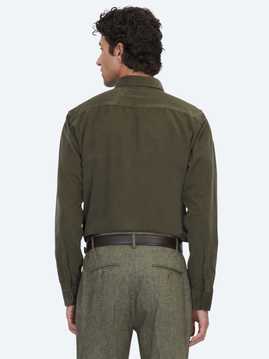 Haki Çizgili Regular Fit Dokuma Kadife Casual %100 Pamuk Gömlek - 5