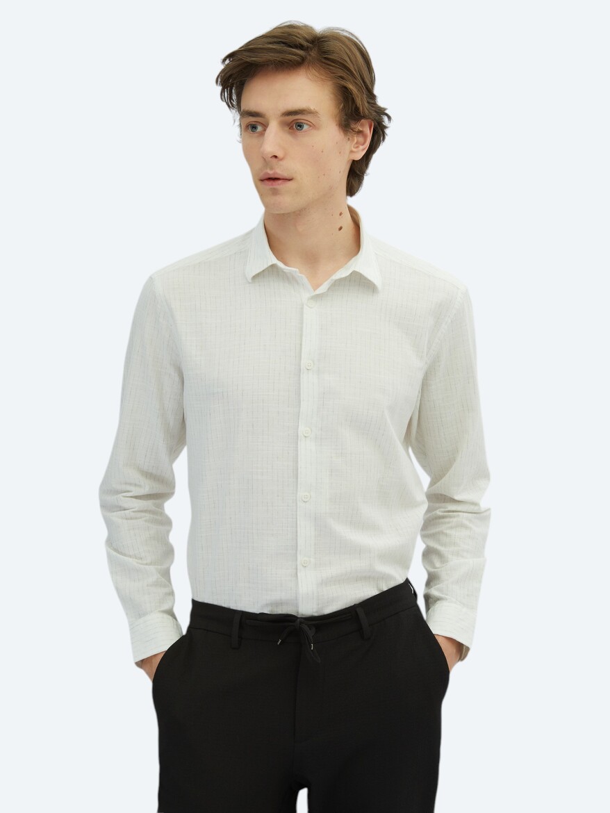 Haki Çizgili Regular Fit Uzun Dokuma Casual %100 Pamuk Gömlek - 1