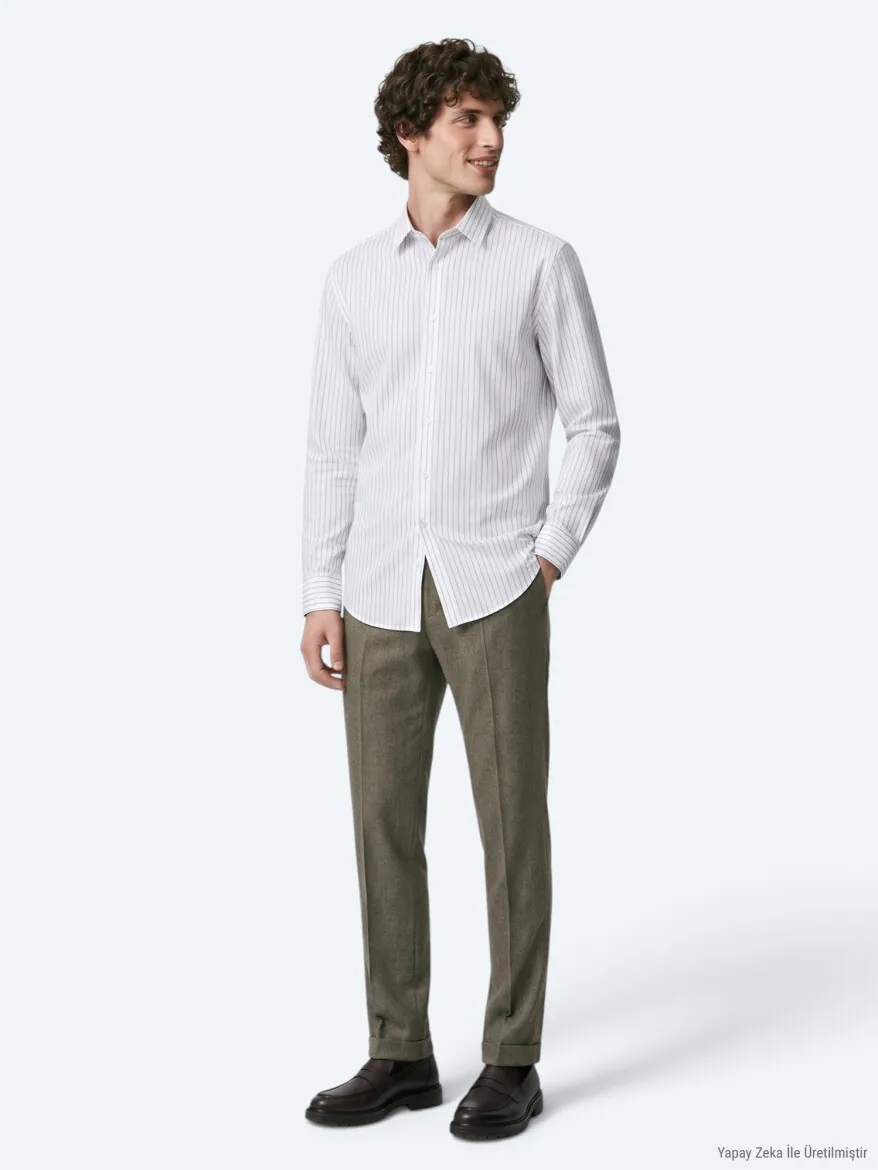 Haki Çizgili Regular Fit Uzun Dokuma Casual %100 Pamuk Gömlek - 3
