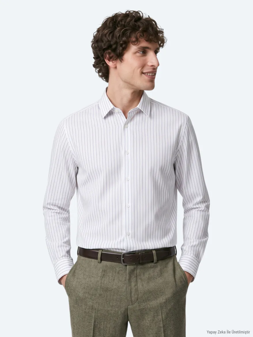 Haki Çizgili Regular Fit Uzun Dokuma Casual %100 Pamuk Gömlek - 5