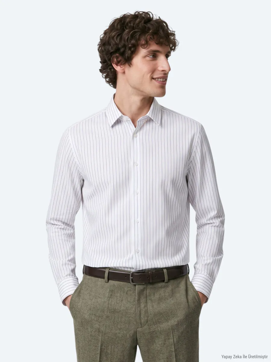 Haki Çizgili Regular Fit Uzun Dokuma Casual %100 Pamuk Gömlek - 5