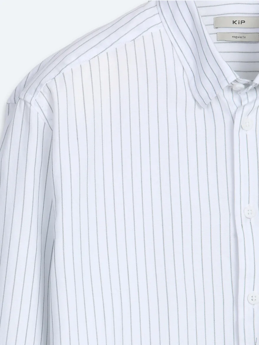 Haki Çizgili Regular Fit Uzun Dokuma Casual %100 Pamuk Gömlek - 8
