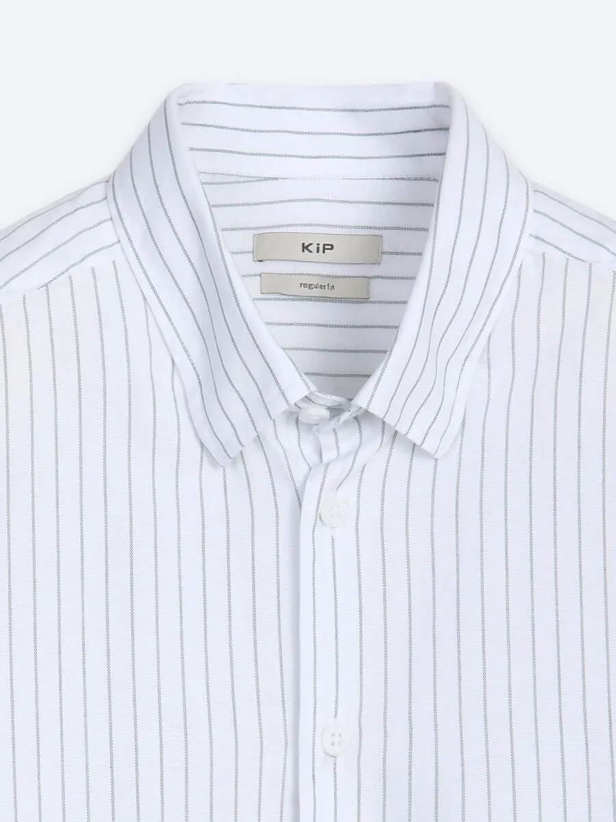 Haki Çizgili Regular Fit Uzun Dokuma Casual %100 Pamuk Gömlek - 9