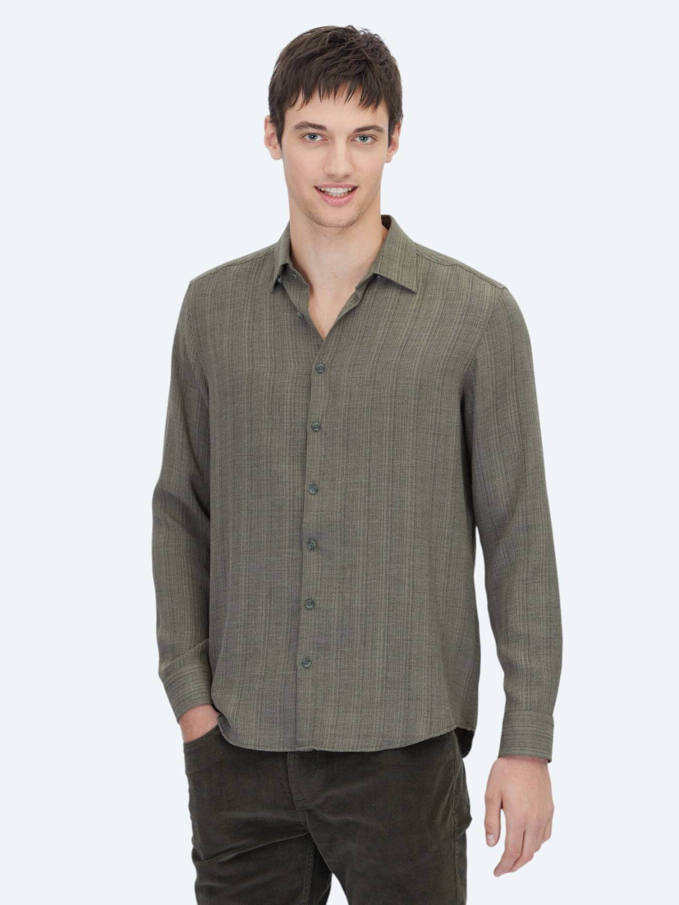 Haki Çizgili Regular Fit Uzun Dokuma Casual Gömlek