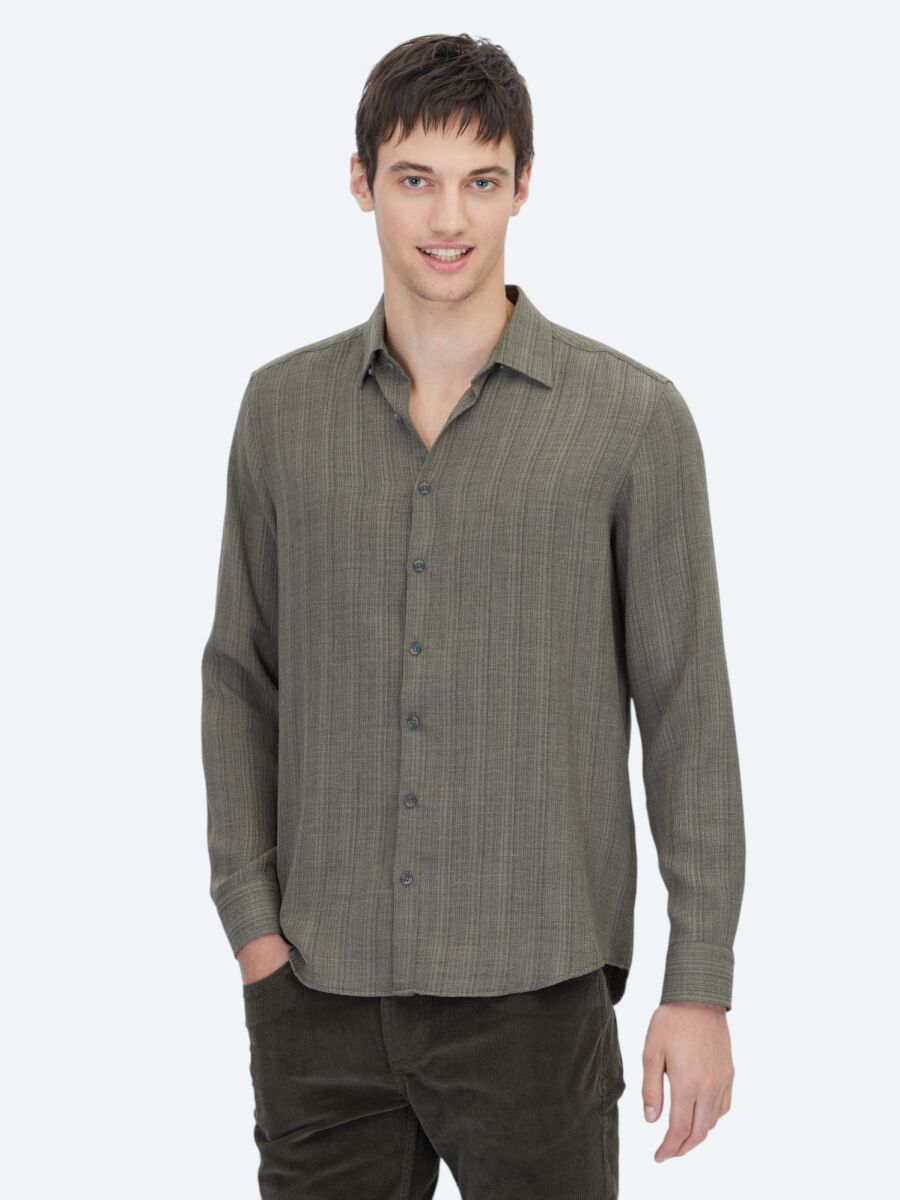 Haki Çizgili Regular Fit Uzun Dokuma Casual Gömlek - 1