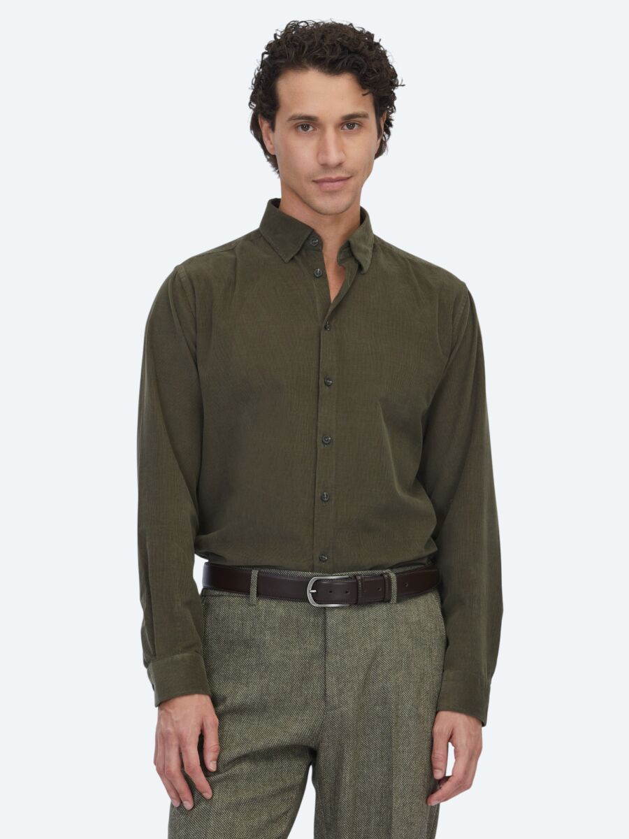 Haki Çizgili Regular Fit Uzun Dokuma Kadife Casual %100 Pamuk Gömlek - 1