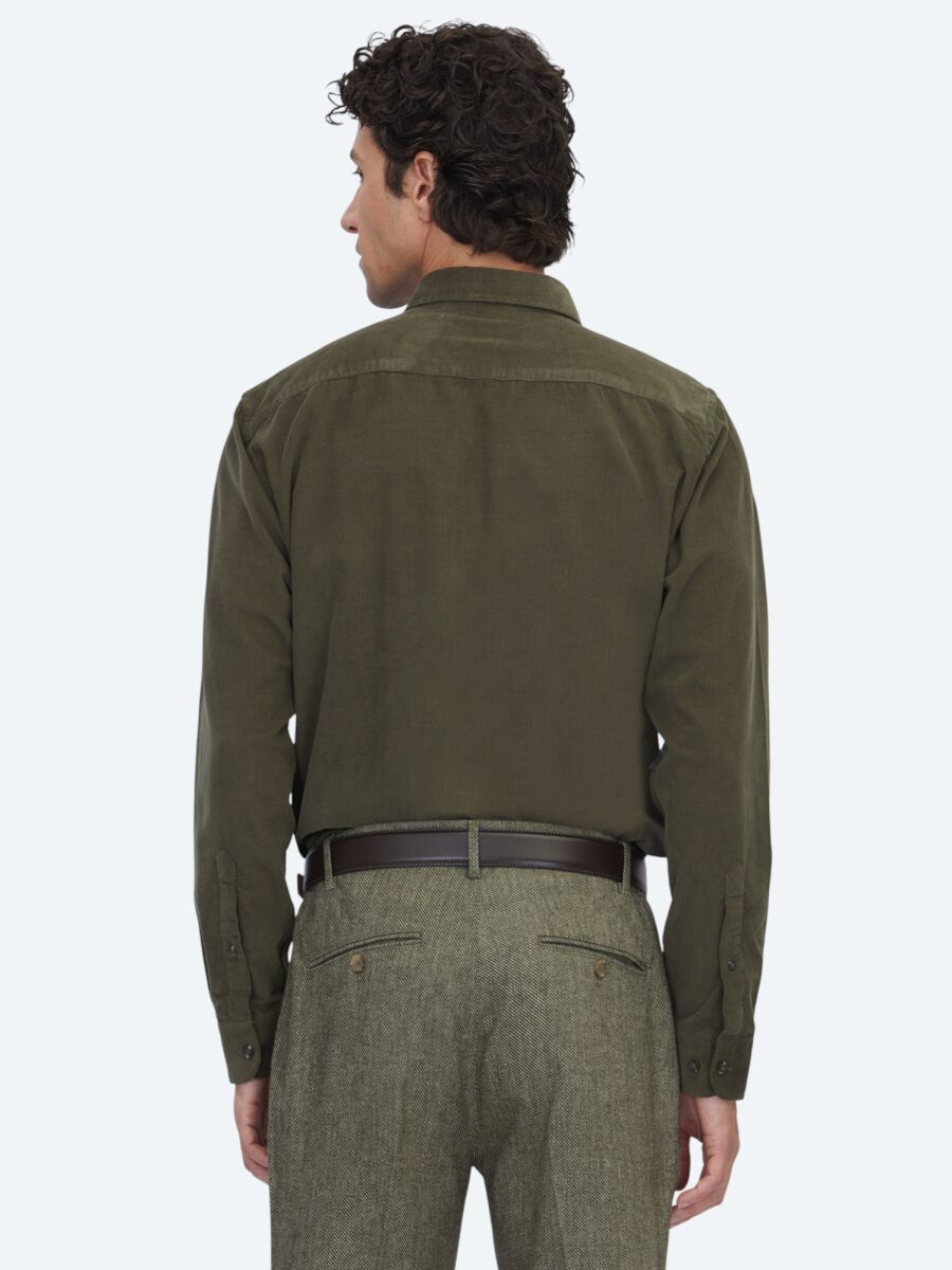 Haki Çizgili Regular Fit Uzun Dokuma Kadife Casual %100 Pamuk Gömlek - 5