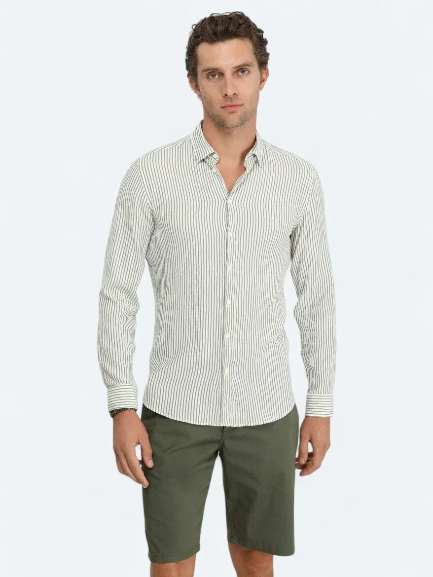 Haki Çizgili Slim Fit Dokuma Casual Gömlek - 1