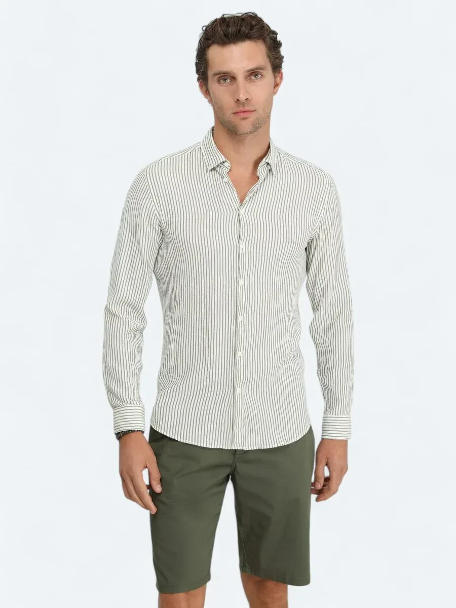 Haki Çizgili Slim Fit Dokuma Casual Gömlek - 1