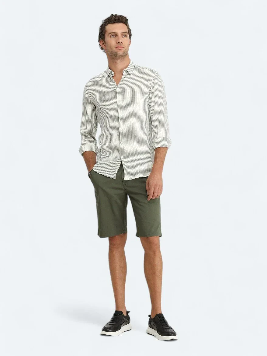 Haki Çizgili Slim Fit Dokuma Casual Gömlek - 2