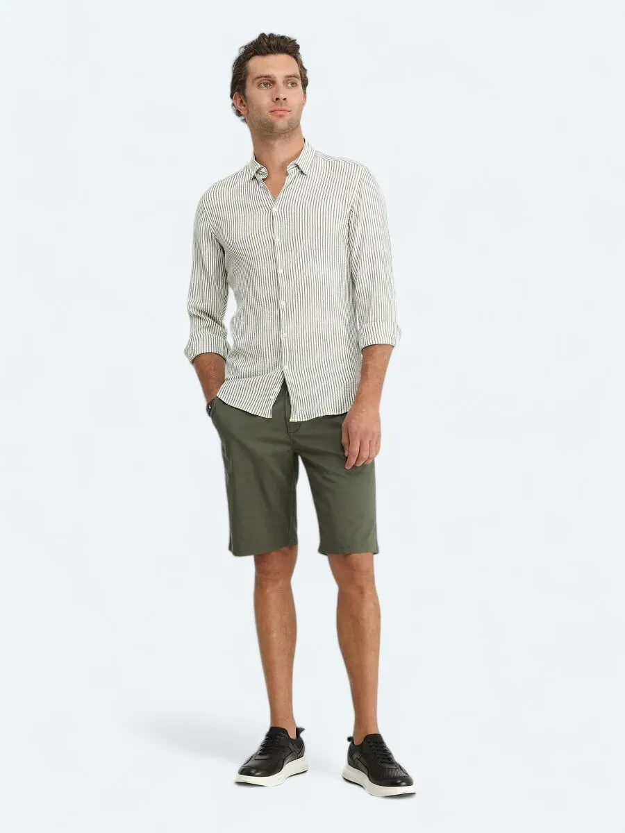 Haki Çizgili Slim Fit Dokuma Casual Gömlek - 2