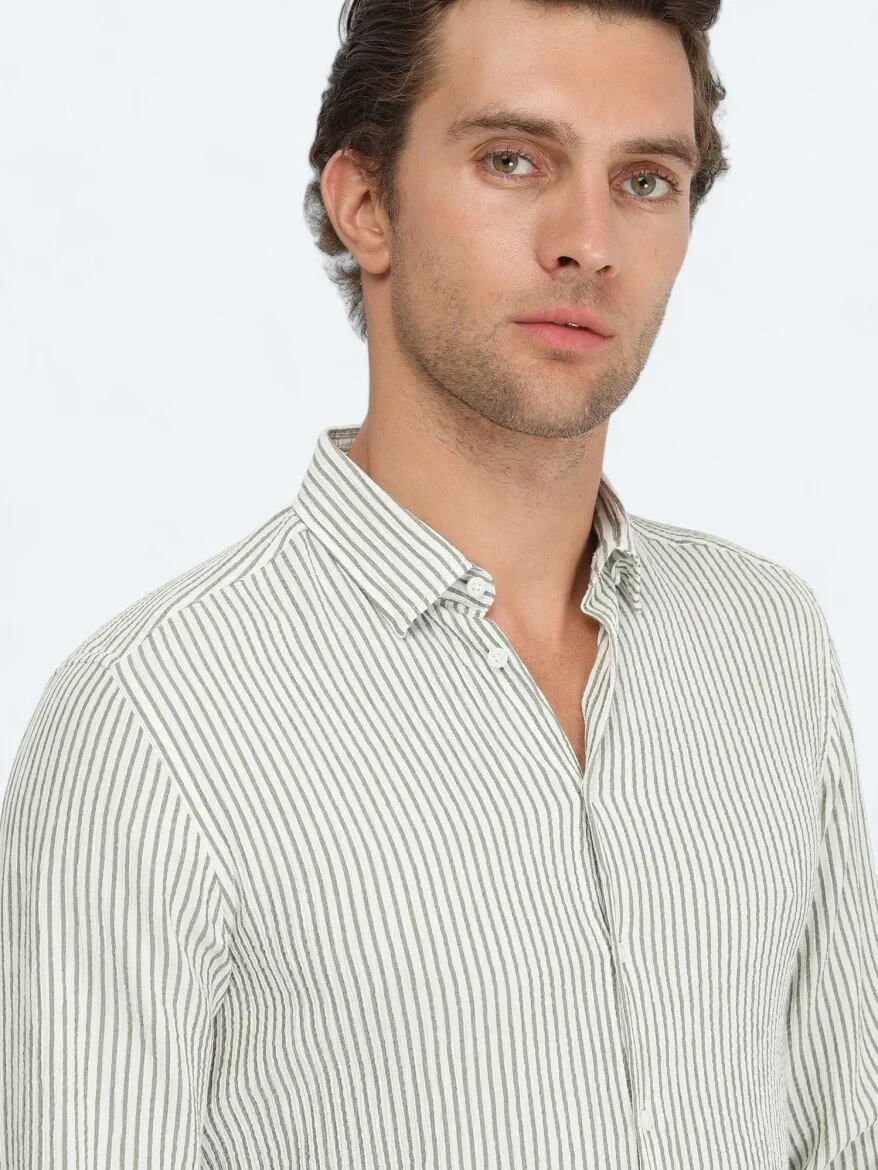 Haki Çizgili Slim Fit Dokuma Casual Gömlek - 3