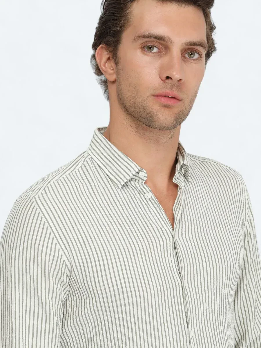 Haki Çizgili Slim Fit Dokuma Casual Gömlek - 3