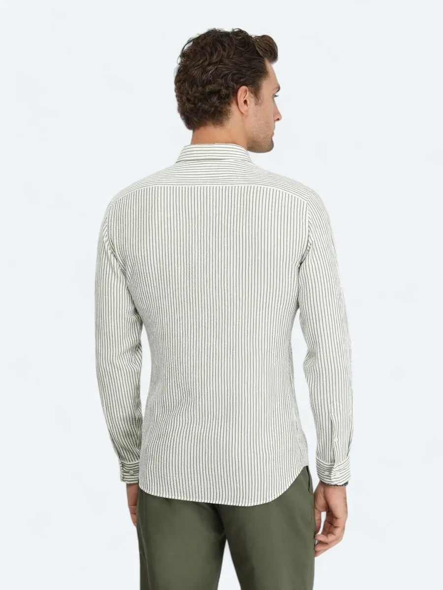 Haki Çizgili Slim Fit Dokuma Casual Gömlek - 4